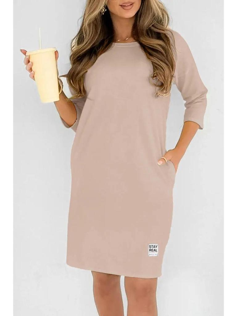 2025 Summer Women's Solid Color Long Sleeve Loose Casual Dress with Round Neck