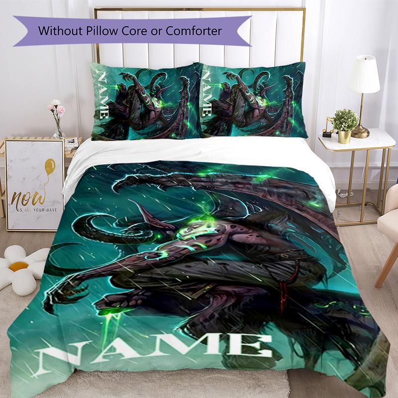 3pcs Custom Name World of Warcraft Bedding Set Duvet Cover Closure Includes 1 Duvet Cover & 2 Pillowcases for All Seasons Bedroom Decor