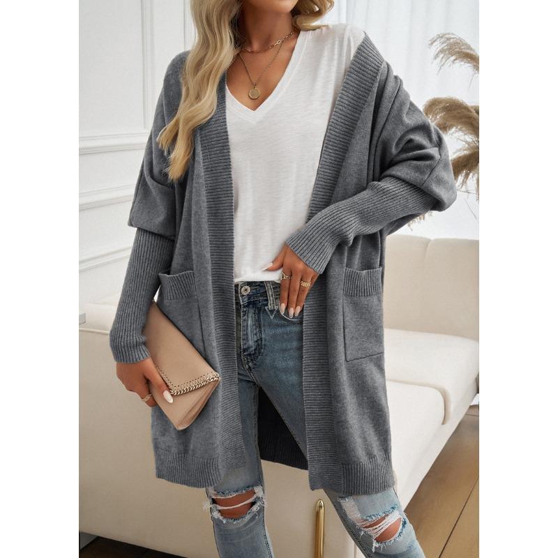 Women Bat Sleeve Cardigan Solid Color Knit Sweater Cardigan Coat