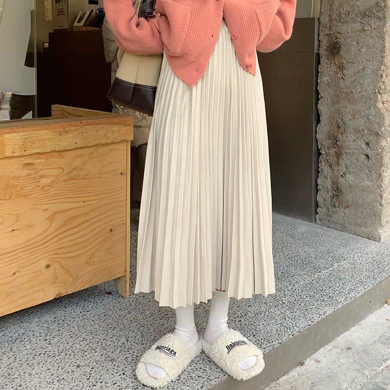 

High-Waist Elastic A-Line Pleated Midi Skirt for Women - Autumn/Winter Hip-Covering Ins Style M 100-109 lbs абрикосовий