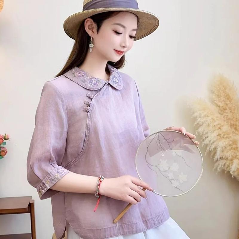 

Womens Linen Cotton Embroidered Blouse Casual Peter Pan Collar Frog Button 3/4 Sleeve Top M фиолетовый