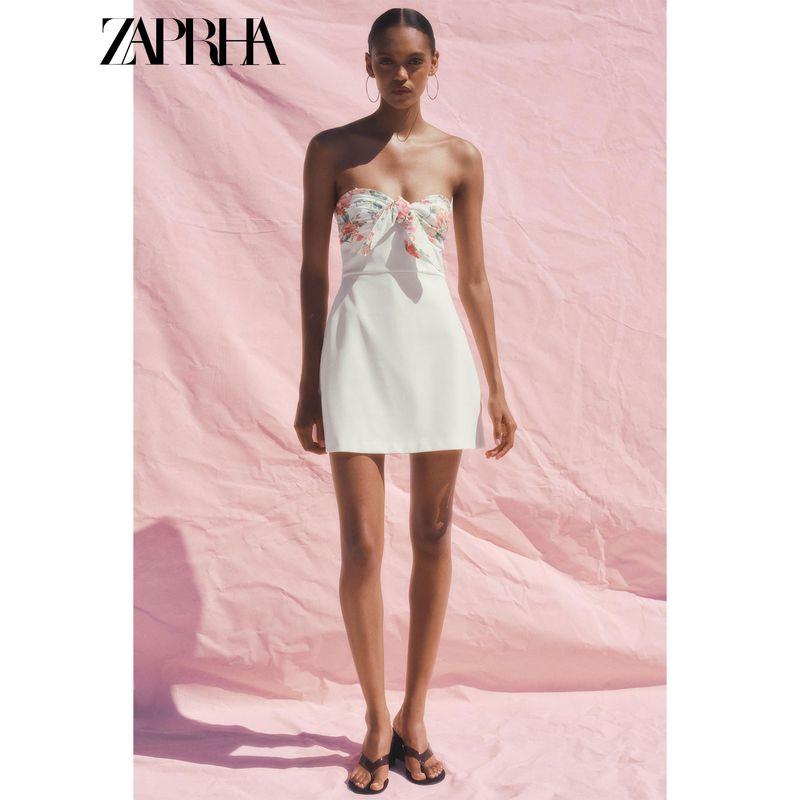 Zaprha 2025 Summer New Sweet Flower Print Thin Scarf off-Shoulder Short Dress 3067303