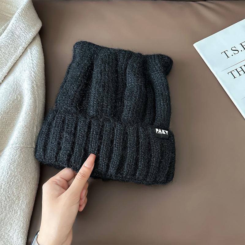 Cartoon Cat Ear Woolen Hat for Women, Autumn and Winter Japanese Style Thickened Warm Knit Hat, Large Head Circumference Cold-Proof Hat