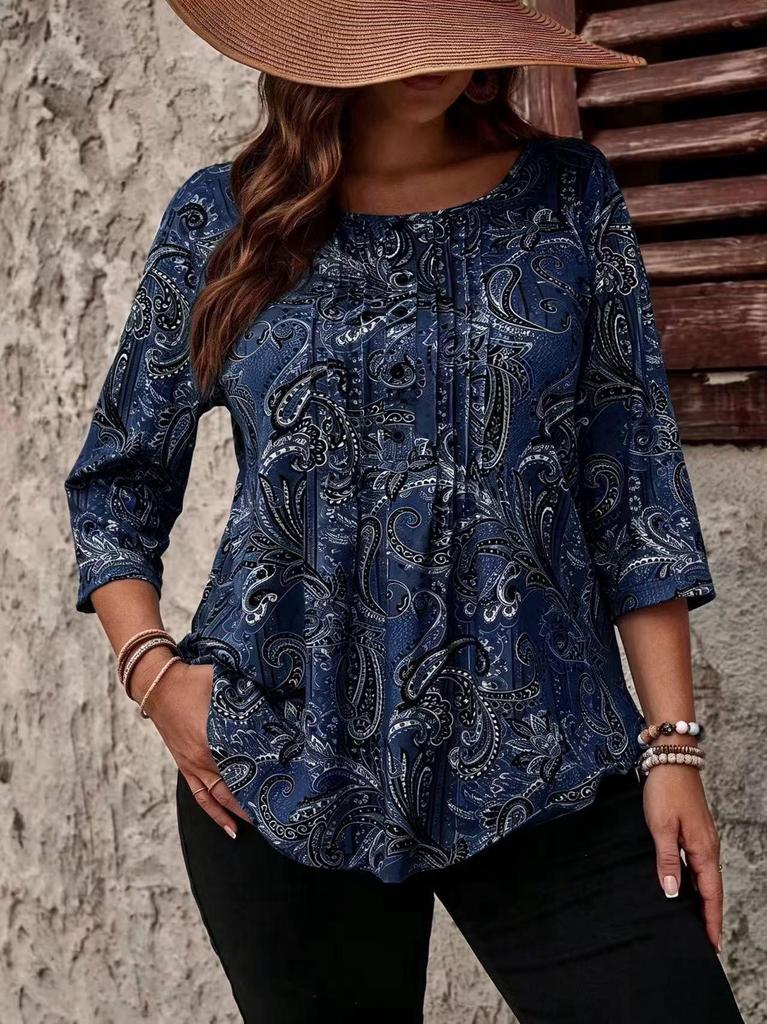 Bawełniany T-shirt z Długim Rękawem i Guzikami w Wzór Paisley dla Kobiet w Rozmiarach Plus