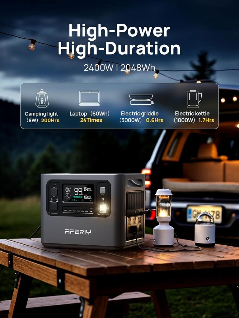 AFERIY P210 Stazione di Alimentazione Portatile 2400W 2048Wh Batteria LiFePO4 13 Uscite, Ricarica Rapida, Controllo App, Alimentatore Mobile per Campeggio all'Aperto