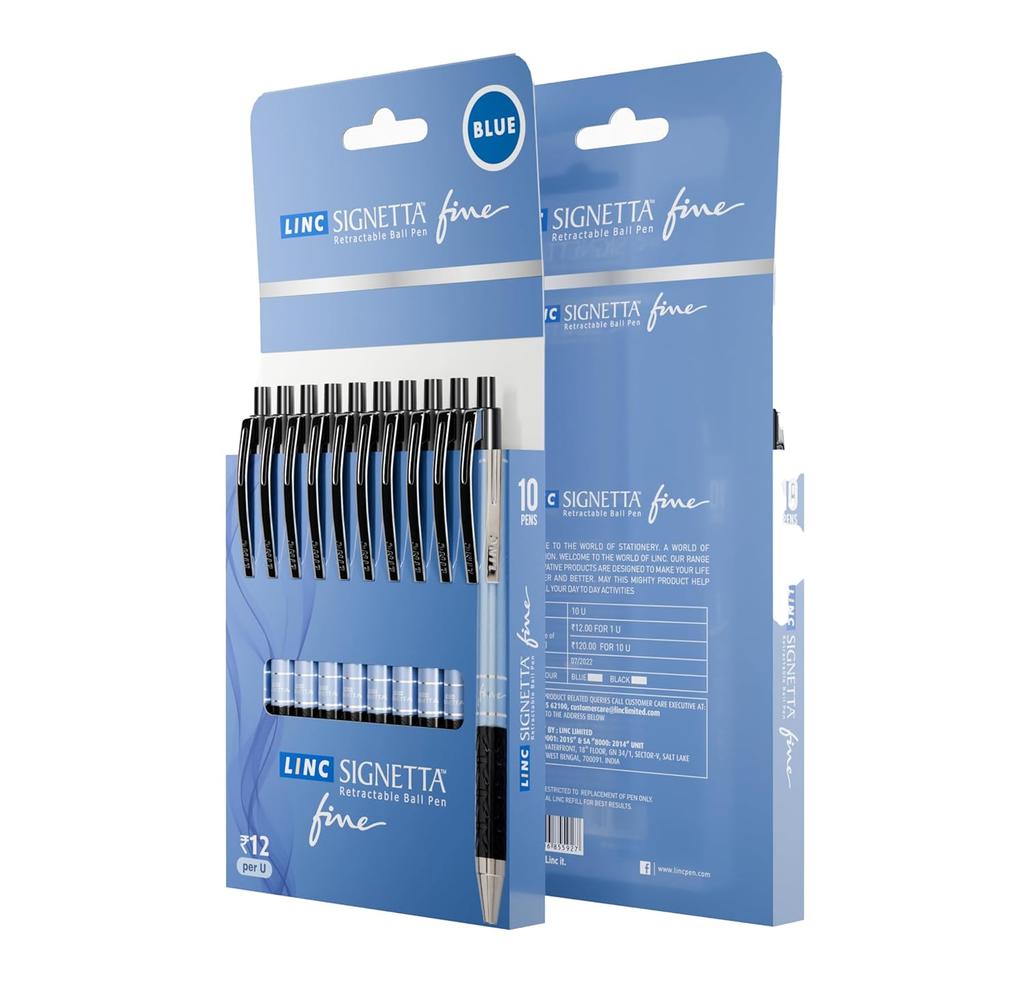 Linc Signetta Fine 0.7mm Ball Pen Blue Ink Smooth Writing Retractable Office School Use Quick Dry Pack of 1 X 10pcs