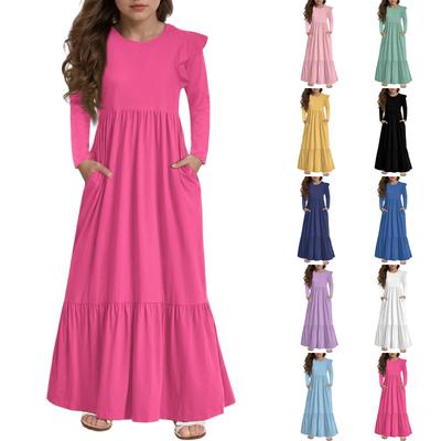 Mädchen Stufenkleid mit Rüschen - Langärmeliges bedrucktes Maxi mit Taschen