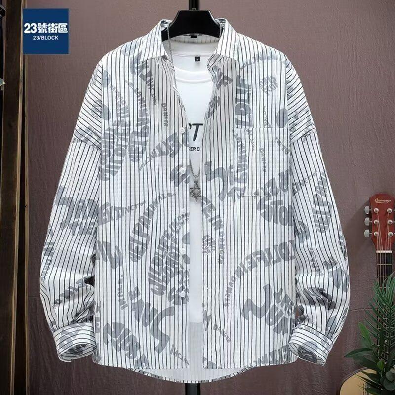 Spring Men s Striped Letter Design Simple Long Sleeved Shirt Trendy Casual Loose and Trendy Youth Versatile Men s Shirts M белый
