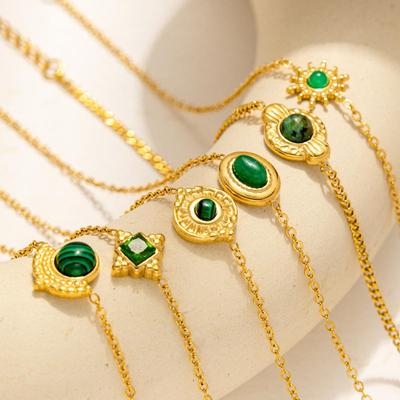 Retro Palace Style 18K Gold-Plated Titanium Steel Bracelet with Emerald Natural Stone for Women