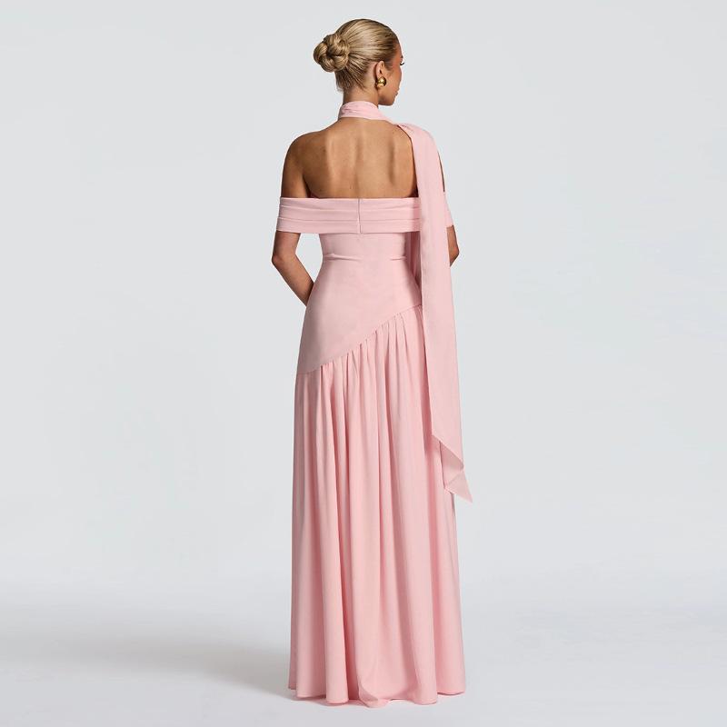 European and American women's clothing one-word shoulder solid color split-ended dress fashionable and sexy backless high split-ended dress