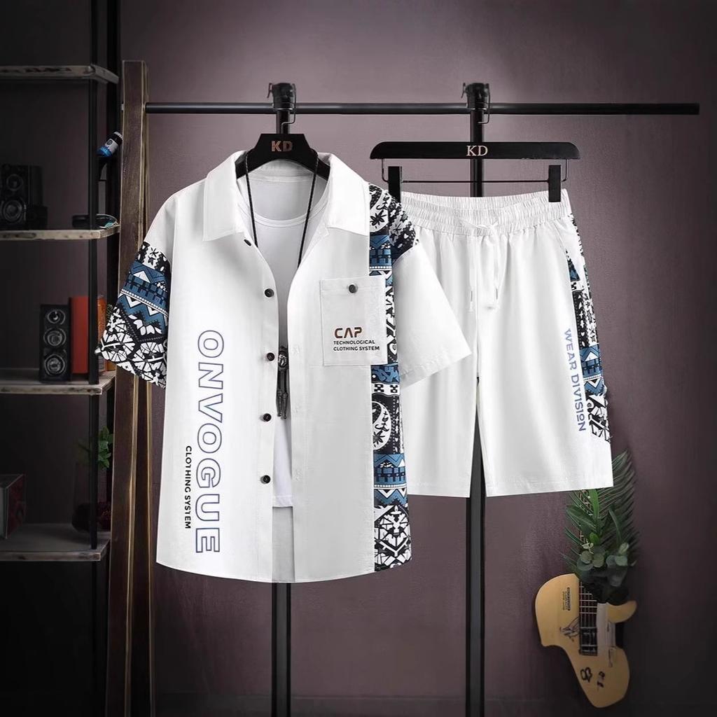 Summer Loose Fit Ort Sve Irt Set for Plump Men Lightweight Faionable Two-Piece Polyester Blend Elastic Fiber Silk Si