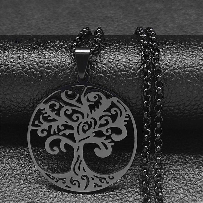 Tree of Life Stainless Steel Long Necklace for Men Black Color Necklaces & Pendants Jewelry cadenas para hombre N834S03
