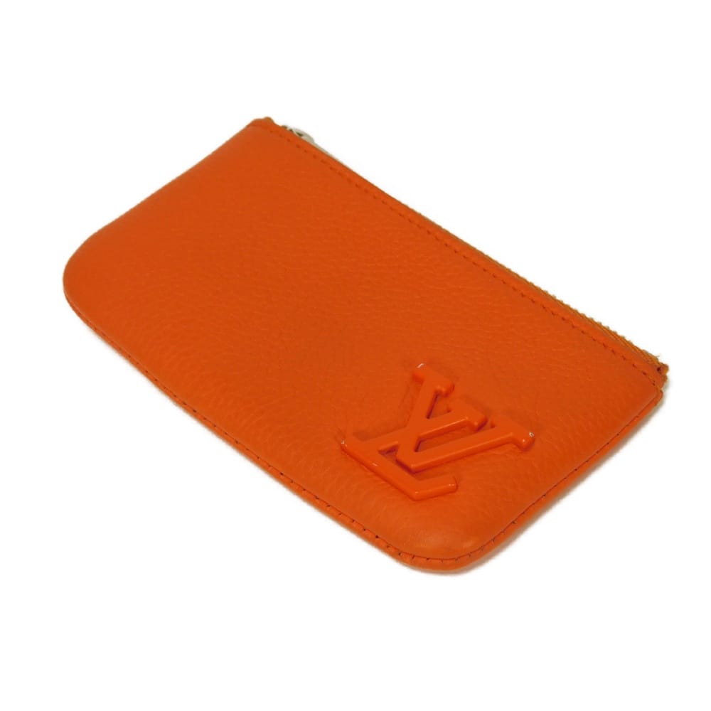 Used LV logo calfskin key ring with aerogram pattern, Volcano Orange, 12564 card key holder pochette cle M81032 7943