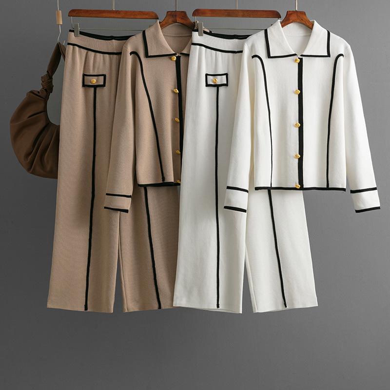 Autumn Winter Knitted Fashion Set Women's Casual Polo Collar Sweater Wide Leg Pants Two Piece Set
