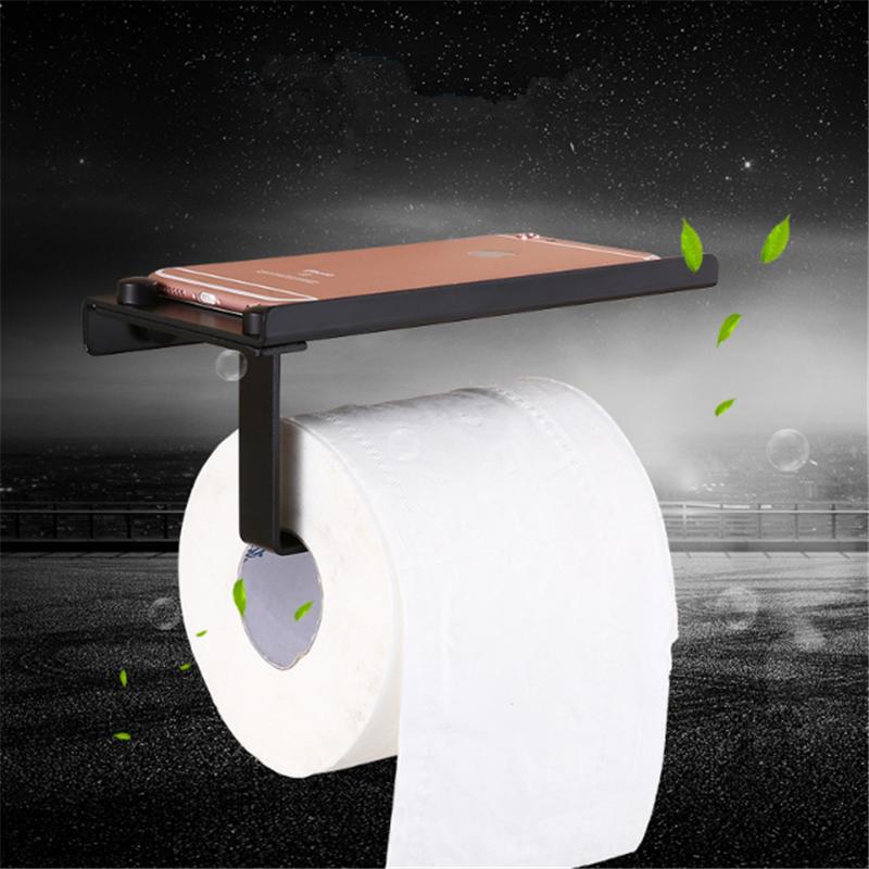 Tuqiu Black Toilet Paper Holder Wall Mounted Bathroom Tissue Paper Holder Aluminum Paper Roll Holder With Phone Storage Shelf