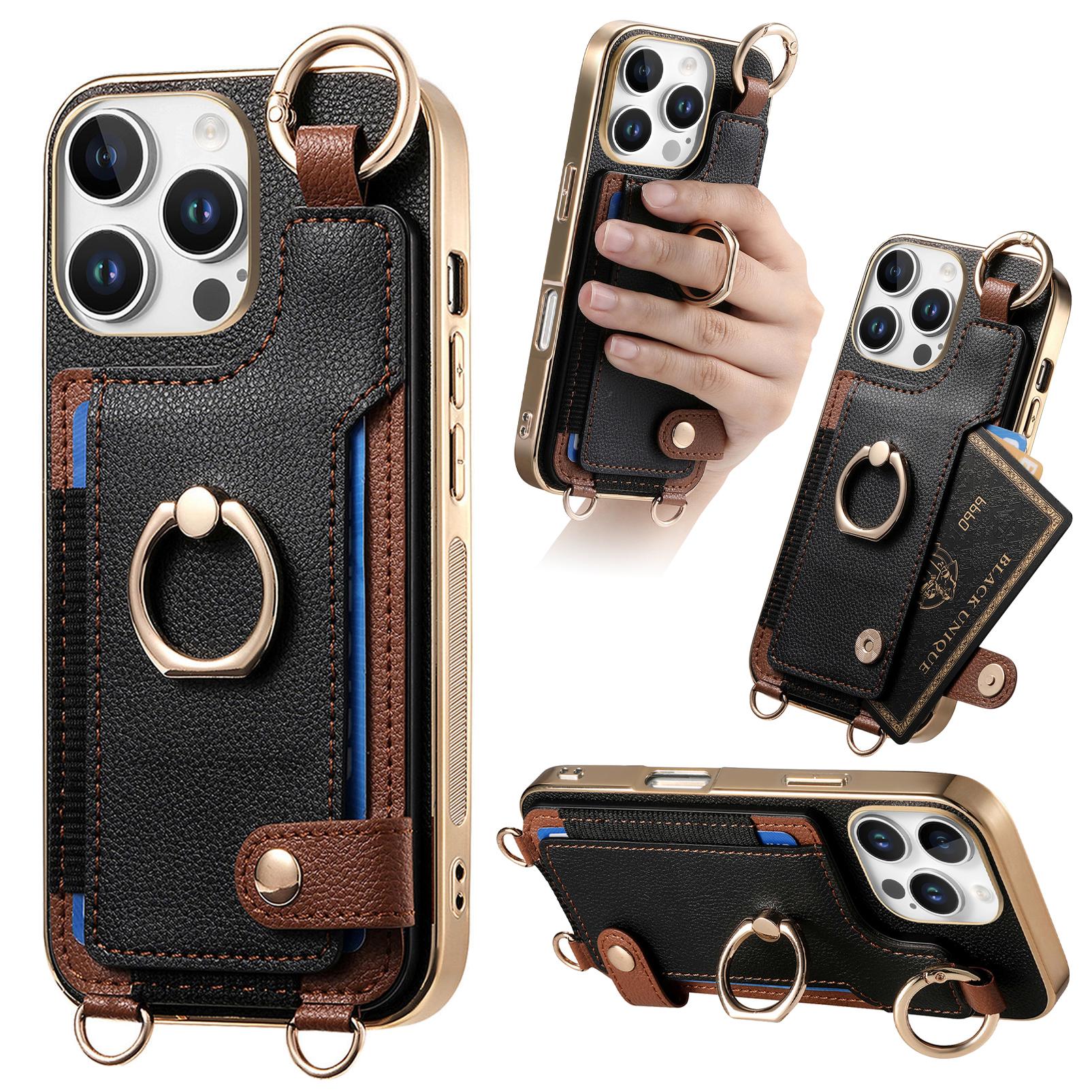 

For iPhone 16 Pro Case Leather+TPU Phone Cover with Card Slots Kickstand and Lanyard Black