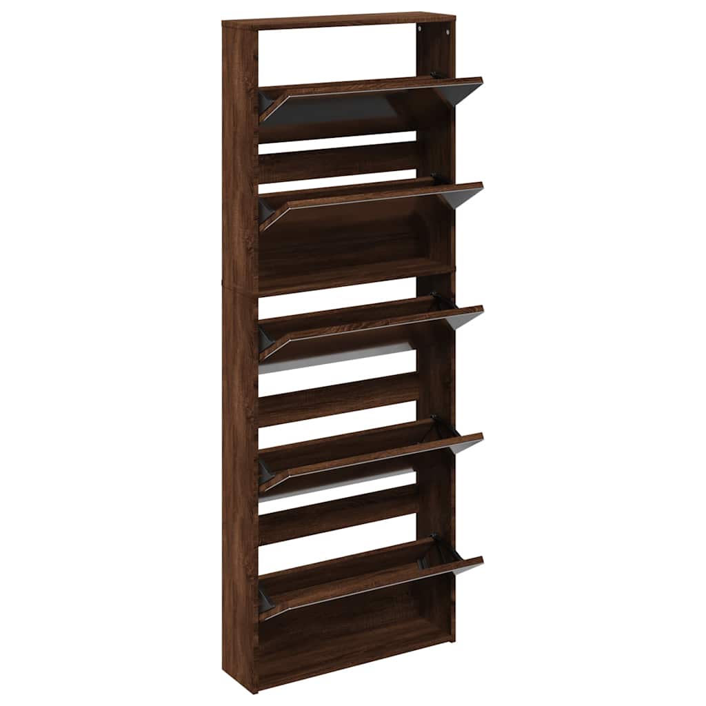 Shoe Cabinet with Mirror 5 Flip Down Compartments Brown Oak Finish 63 x 17 x 169.5 cm