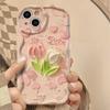 Pink Tulip Phone Case for iPhone 15Promax- Wavy Border Soft Silicone Lens Protectio Shockproof Cute Cover on