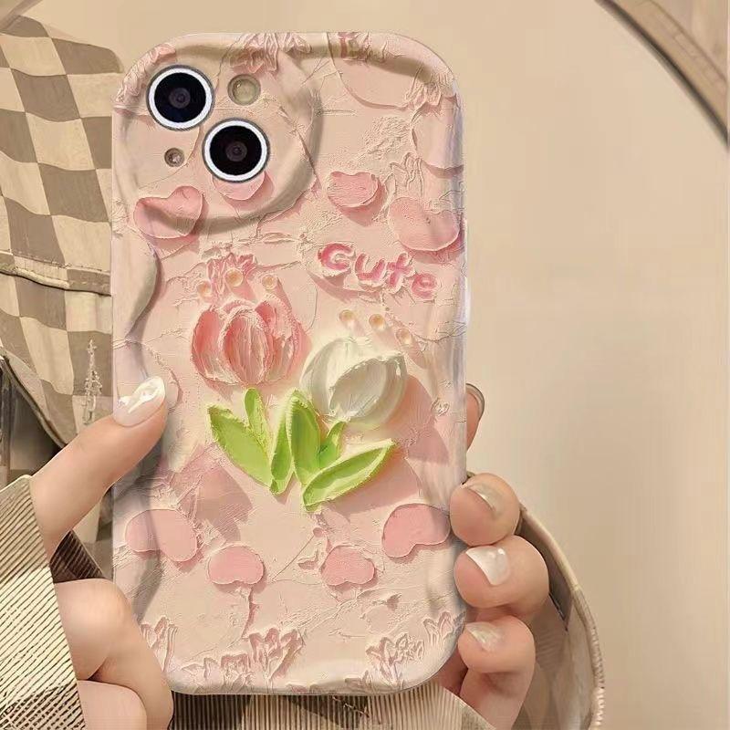 Pink Tulip Phone Case for iPhone 15Promax- Wavy Border Soft Silicone Lens Protectio Shockproof Cute Cover on