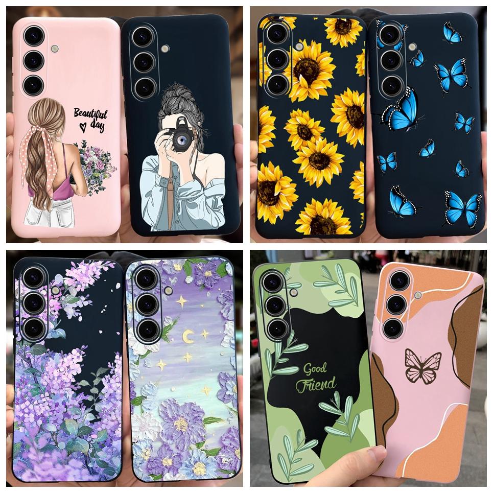 Pour Coque Samsung Galaxy S24 Pare-chocs Étui Samsung S24+ S24 Plus S24 Ultra Téléphone Coques Étui Jelly Fille Fleur Papillon Étui Souple