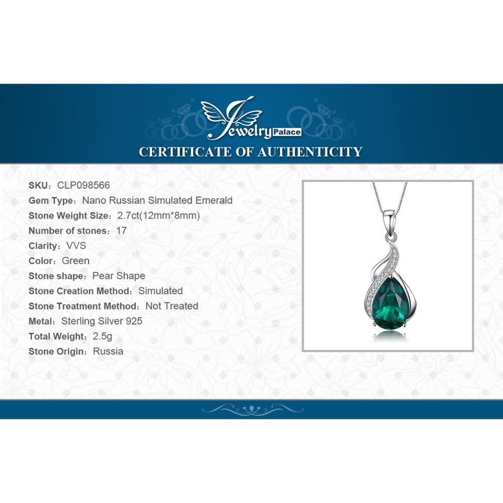 JewelryPalace 2.7ct Simulated Nano Emerald 925 Sterling Silver Pendant Necklace for Woman No Chain