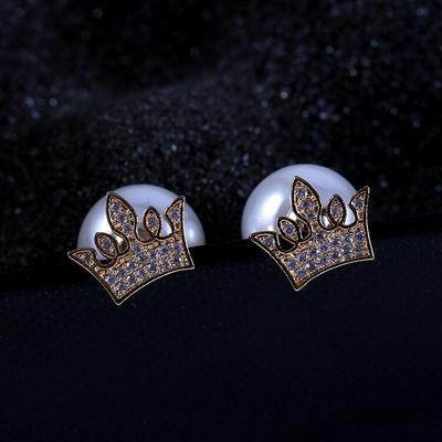 925 Silver Pin Studs Gold Color Mosaic Cubic Zirconia Crown Pearl Double Side Earrings Jewelry For Women