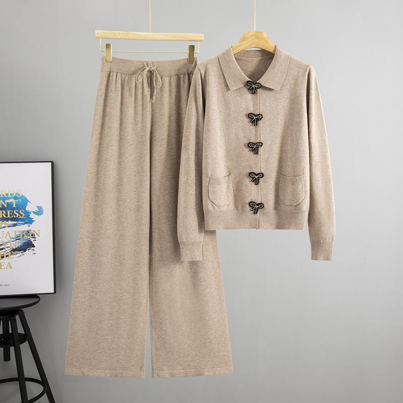 

Новый модный комплект для женщин на весну и осень: Однотонное пальто с лацканами, бантом и застежкой на пуговицы, вязаное, брюки клеш One size хаки