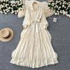 Vintage Damkappa Nedvikt Krage Lykta Ärm Klänning Spets Bandage Rosett Slim Fit Stor Sväng Maxi Klänningar Elegant Vestido Femme