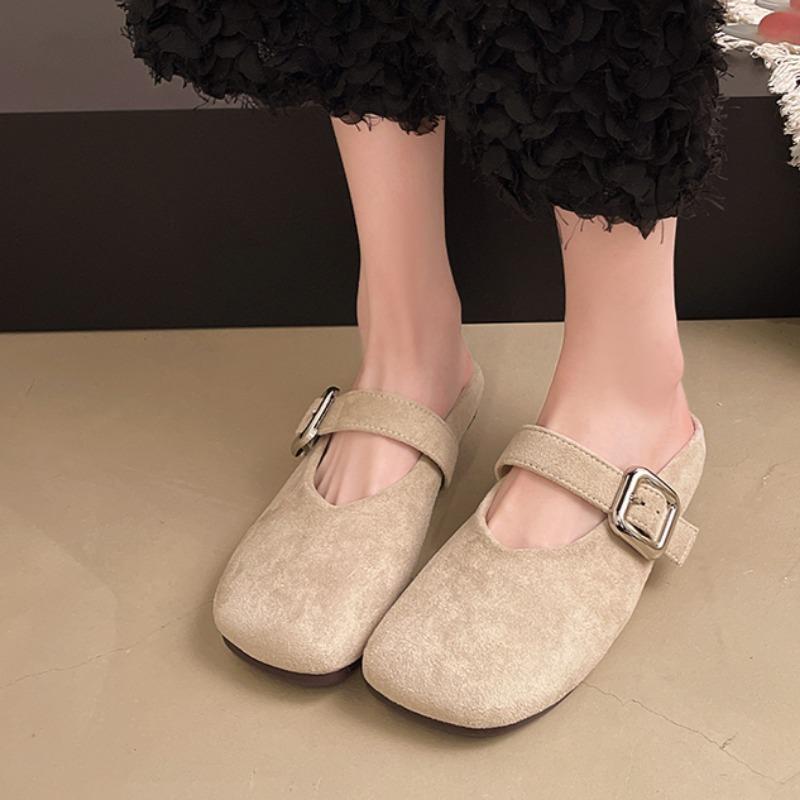 

Модные женские тапочки на мягкой подошве, весенний новый стиль, квадратный носок, неглубокий вырез, замша из воловьей кожи, металлическая пряжка, мягкая подошва, нескользящая обувь 40