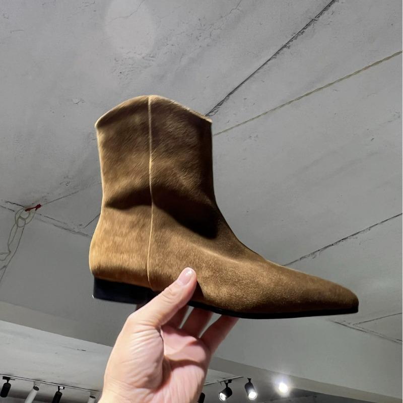 Vintage Kůže Matný Semiš Špičatý Podpatek Plochá Podrážka Úzké Kozačky Krátké Kozačky Westernové Kovbojské Kozačky Dámské Martensky