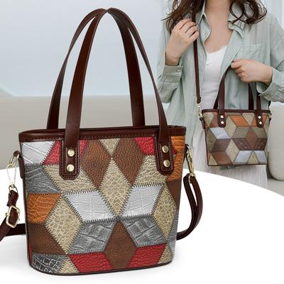 Vintage High Quality PU Shoulder Bag Splicing Patches Fashion Leisure Art Student Handbag Large Capacity Commuter Women Tote Bag