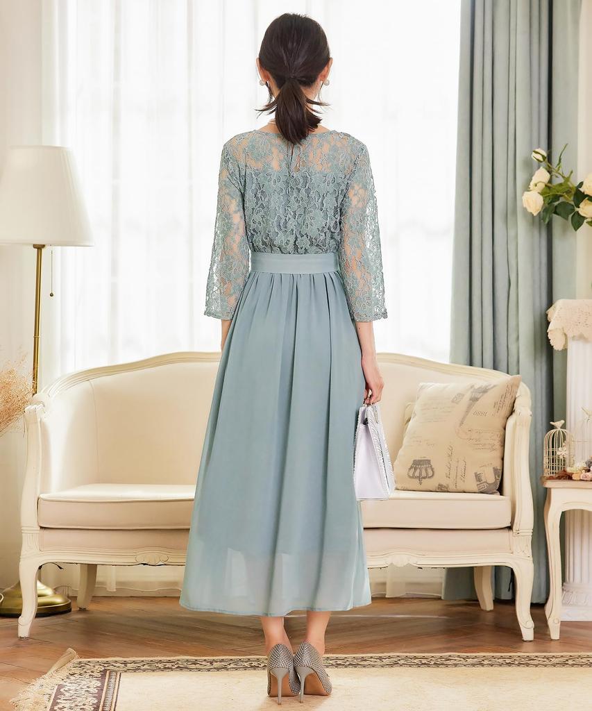 Hanmall Gray Party Formal Round Suitable for Weddings and Plus LON515 Dress, Lace, Dress, Embroidered, 3/4 Sleeves, Neck, Receptions, Sizes,