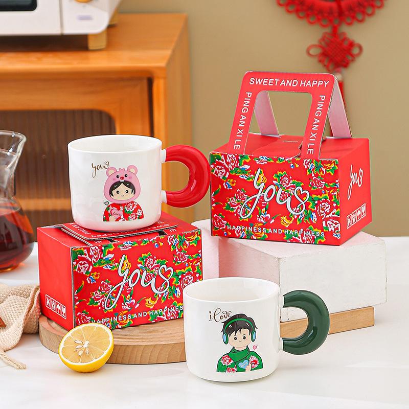 Northeast Big Flower Retro Mug Big Handle Couple Cup Practical Ceramic Water Cup Gift Box