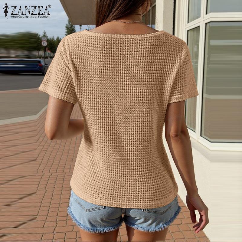 ZANZEA Womens Summer Round Neck Casual Short Sleeve Blouse