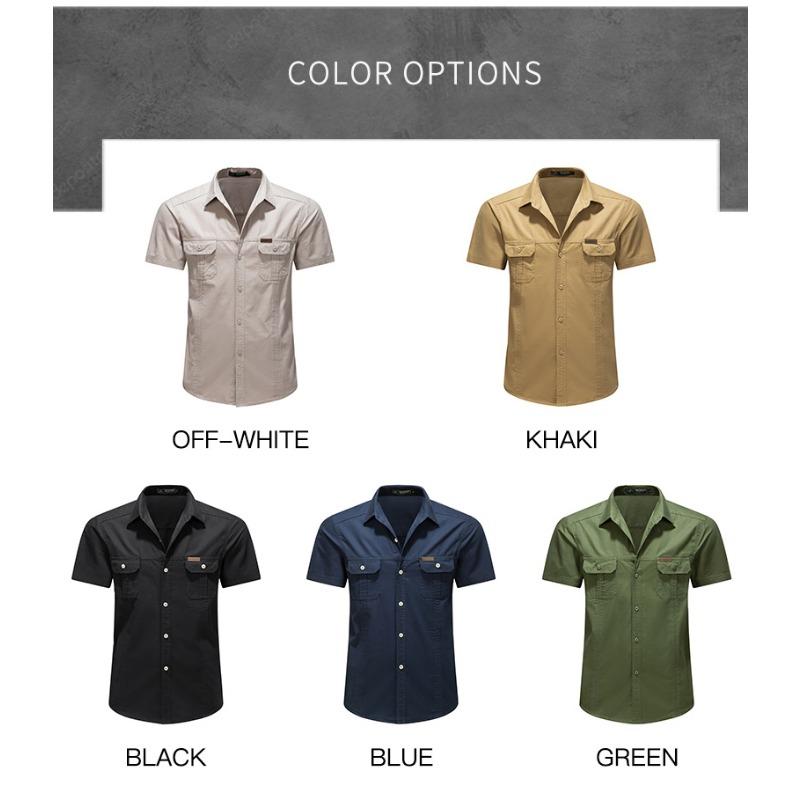 Mens Solid Color Turn Down Collar Double Pocket Short Sleeve Casual Work Shirt