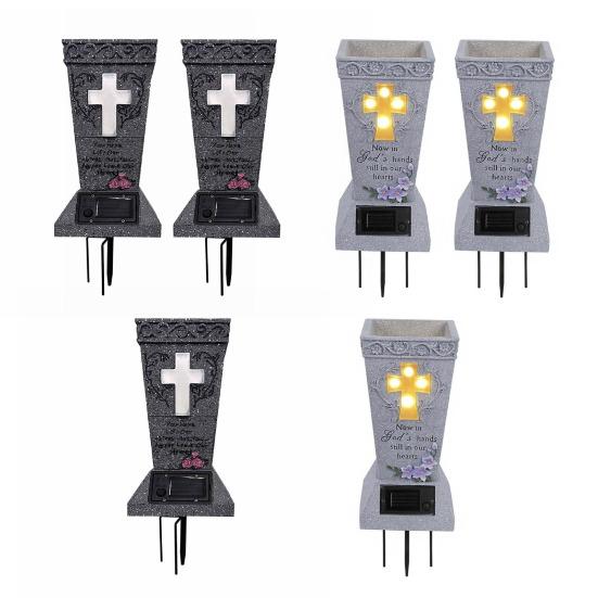 Solar Cemetery Vase with LED for Gravestone Outdoor Artificial Fresh Flower Holder Headstone