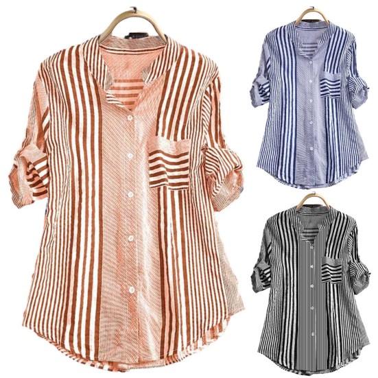 Women Fall Shirt Contrast Color Striped Print Long Sleeve Turn-down Collar Single-breasted Buttons