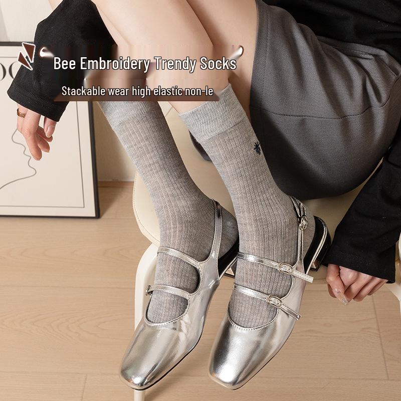 

Summer Women s Ribbed Scrunch Mid-Calf Socks - Solid Color, Korean Style, Cotton, Thin, Boneless Design. темно-серого