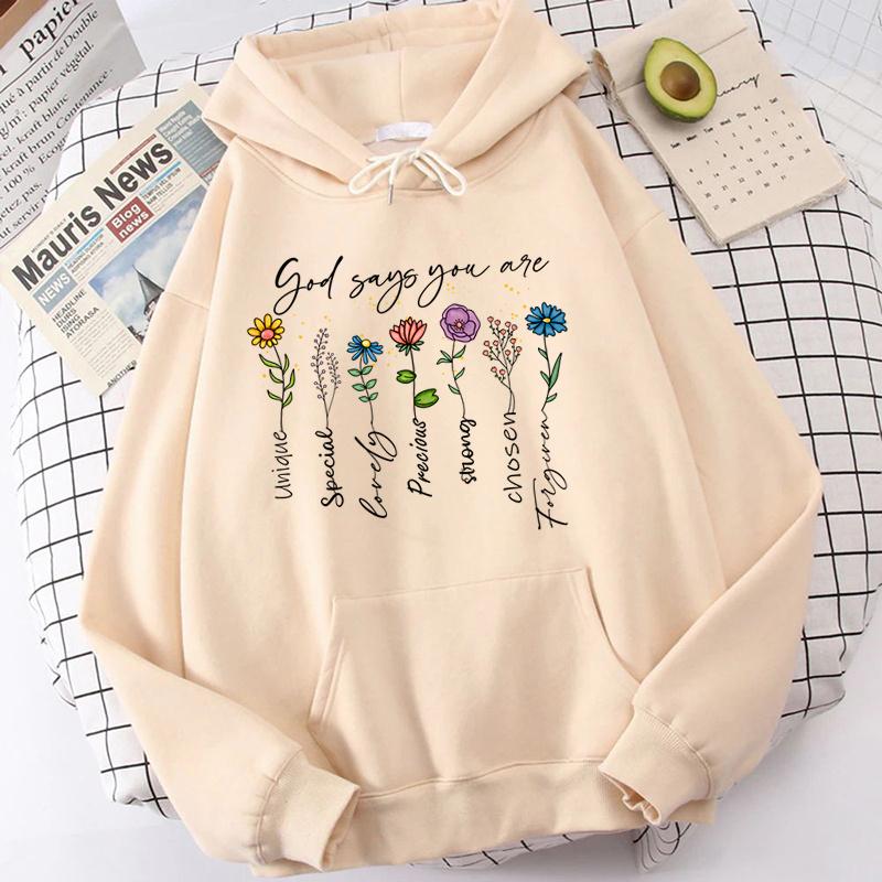 Fashion Funny Flower God Says You Are Unique Special Print Hoodies For Women Loose Hooded Sweatshirts Plus Size Pullovers Hoodie