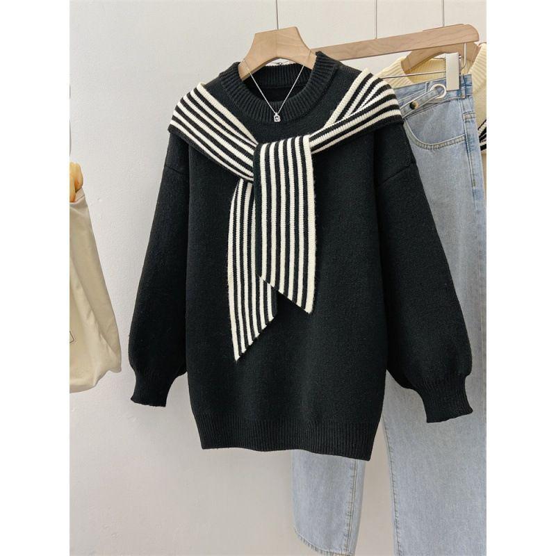 Stylish Women's Purple Striped Shawl Sweater - Plus Size Knitted Fake Two-Piece, Winter 2025