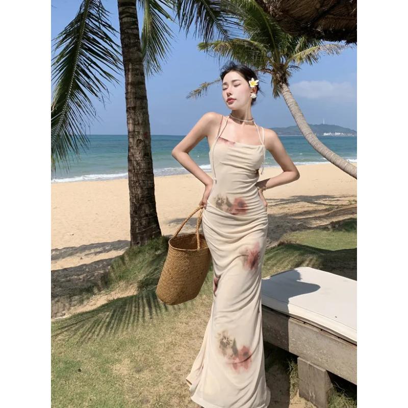 Neuer Chinesischer Stil Heißes Mädchen Hosenträgerkleid Stilvolles Design Taillenbetonend Strandurlaub Hüftbedeckend Langes Kleid