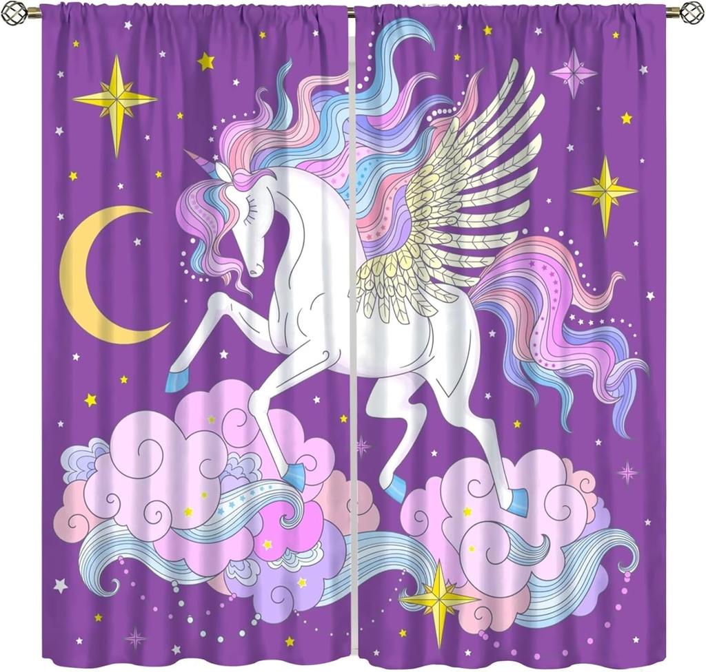 Kids Unicorn Curtains Purple Cartoon Rainbow Room Boys Girls Baby Decor Living Blackout Made Of Polyester Window Treatment