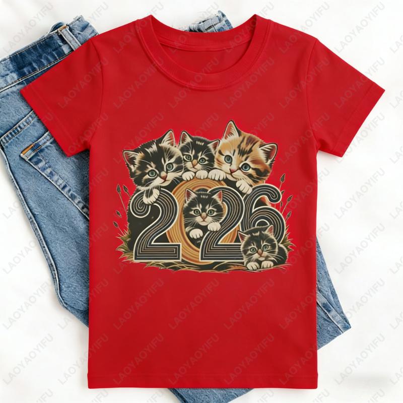 2026 Kitten New Year TShirt Retro NYE Party Cute Graphic Holiday Celebration Lovely Unisex Cotton Shirt Cat Lovers Woman Shirt