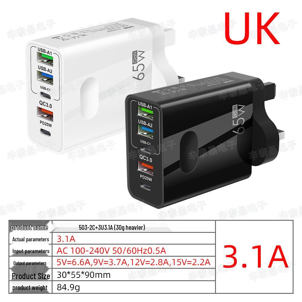 65W Gallium Nitride Multi-Port Fast Charger with EU, UK, and US Plugs