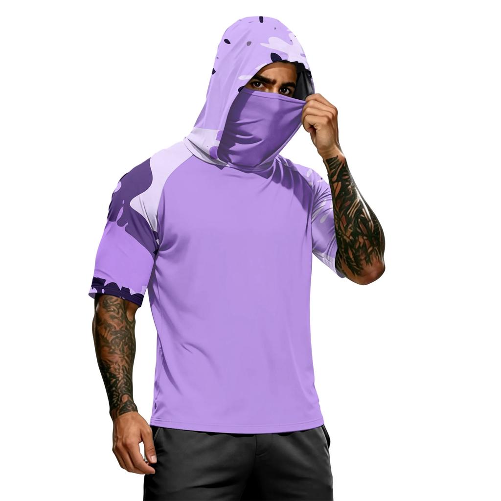 Camiseta con Capucha de Manga Corta para Hombre Casual Estampado de Camuflaje Manga Raglán Pulóver Top Ligero para Deportes al Aire Libre