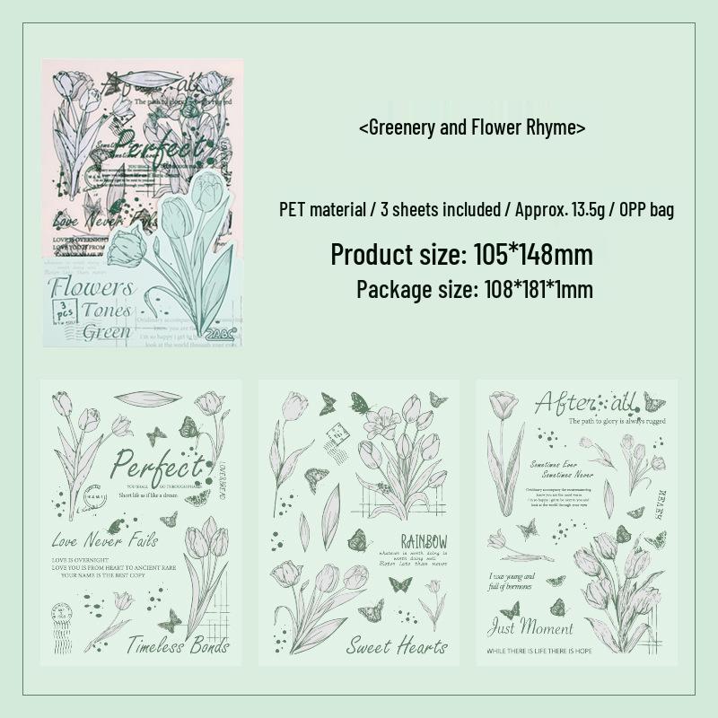ZABC Floral Poetry Heart Series Stickers: 3 Sheets of White Ink PET with Flower Language in 6 Styles.