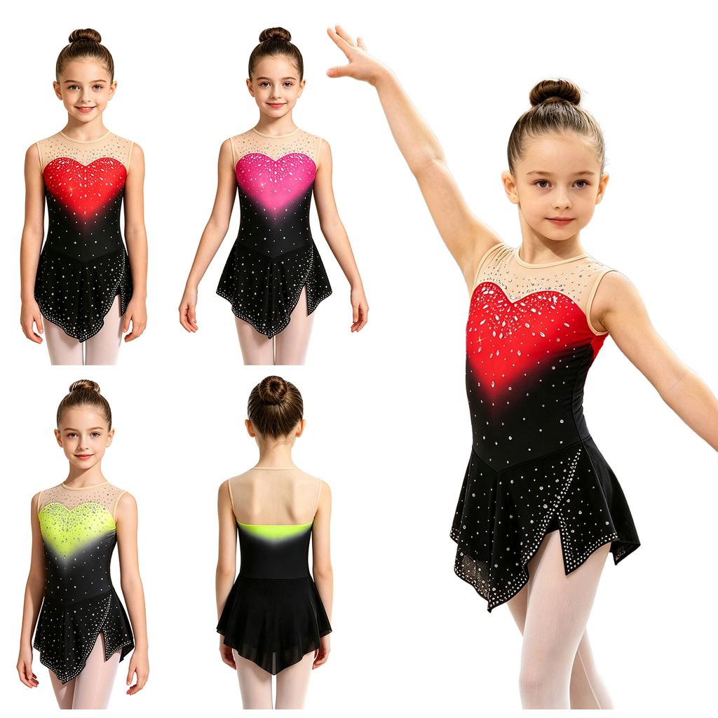 Body da pattinaggio artistico da bambina senza maniche con strass e gonna