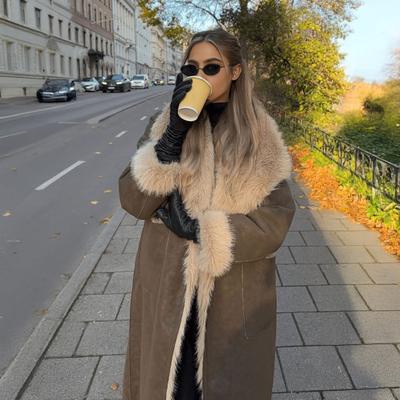 Faux Fur Long Trench Coat for Women Reversible Fuzzy Fleece Sherpa Lined Jackets Winter Furry Trimmed Casual Overcoat