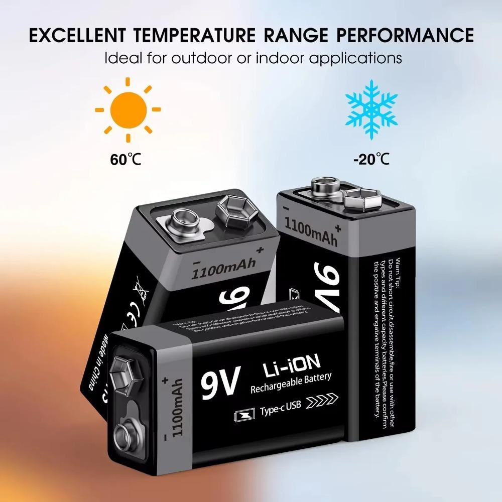 9V Battery Rechargeable 1100mAh USB Type-C 6F22 9V Li-ion Battery for Multimeter, RC Toys, Guitar Pedal, Microphone