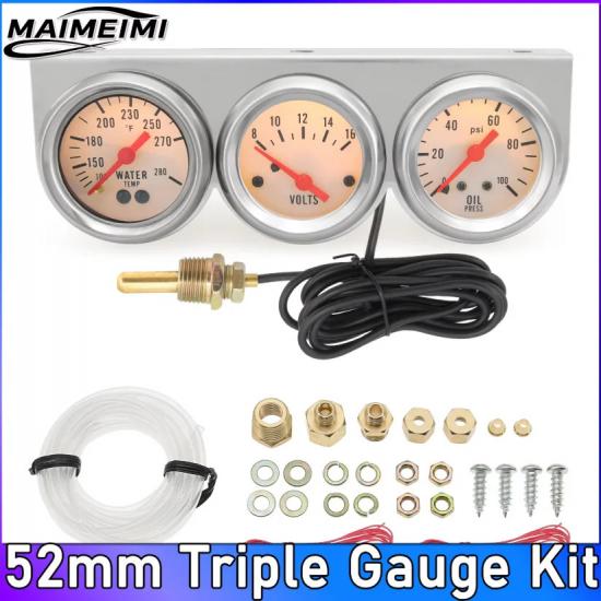 52mm 3 In 1 Water Temp Gauge Kit Oil Pressure Gauge + Voltmeter with Sensor Water Temperature Meter Voltmeter Oil Press Triple BG0120-White